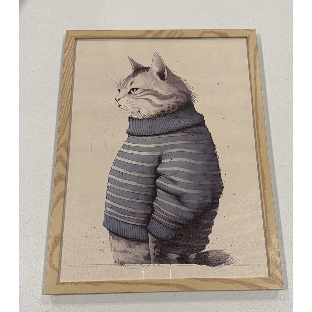 Cat In A Sweater 12x16 Framed Print Raw Wood Look Frame Wall Art Whimsical